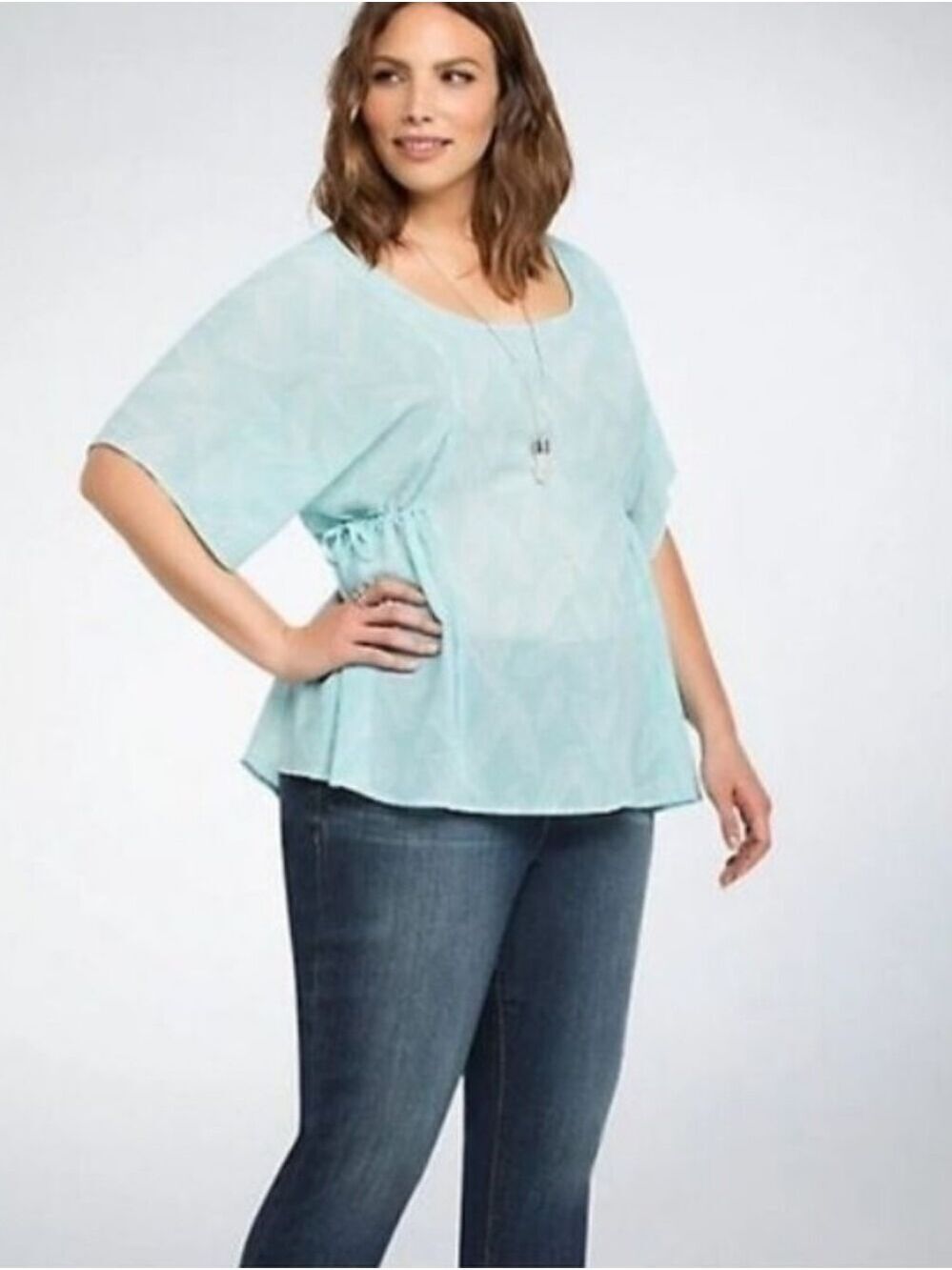 Torrid Aqua Turquoise Feather Print Side Cinch Tie Semi Sheer Chiffon Top